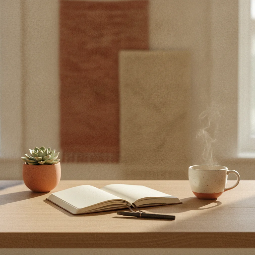 Et roligt kontorarbejdsrum med en bloknotebook, en plante og en kop te på et lyst skrivebord