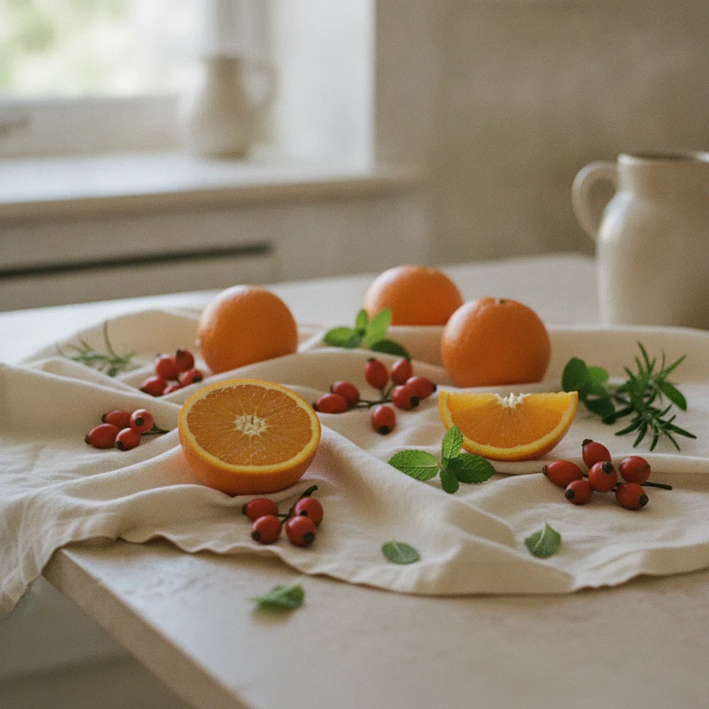 Friske urter, citrusfrugter og nødder arrangeret på et lyst køkkenbord