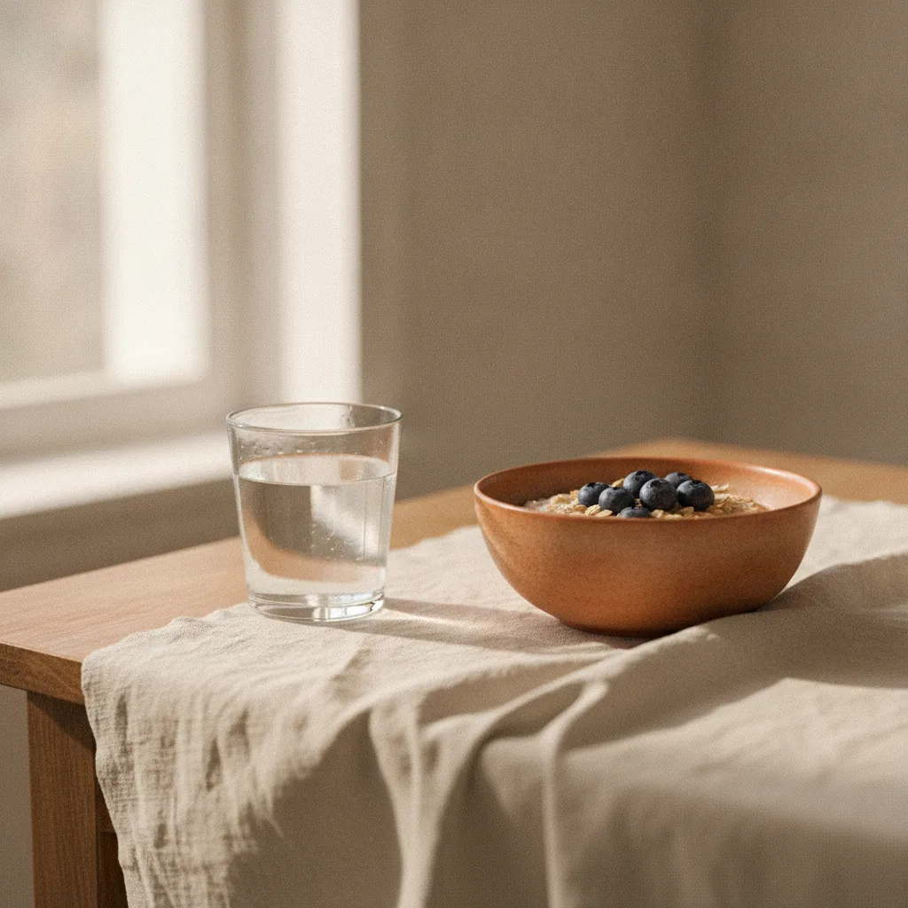 Et glas vand og morgenmad på et lyst køkkenbord i blidt morgenlys