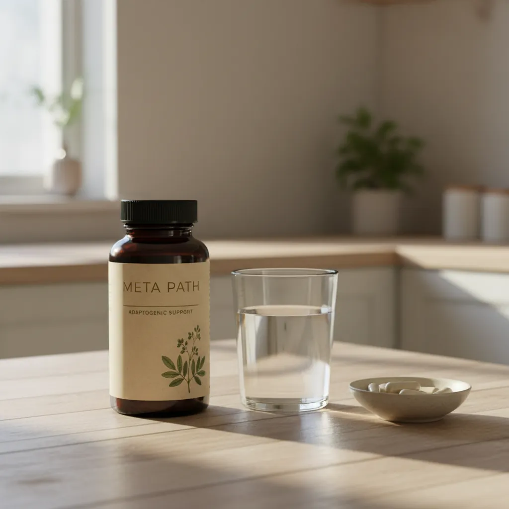 Meta Path flaske med hvidt låg placeret på et lyst køkkenbord ved siden af et glas vand